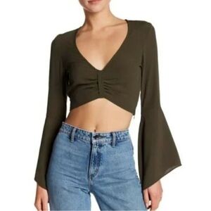 Flynn Skye Alyssa Crop Top Womens S Olive Green Rayon Bell Sleeves